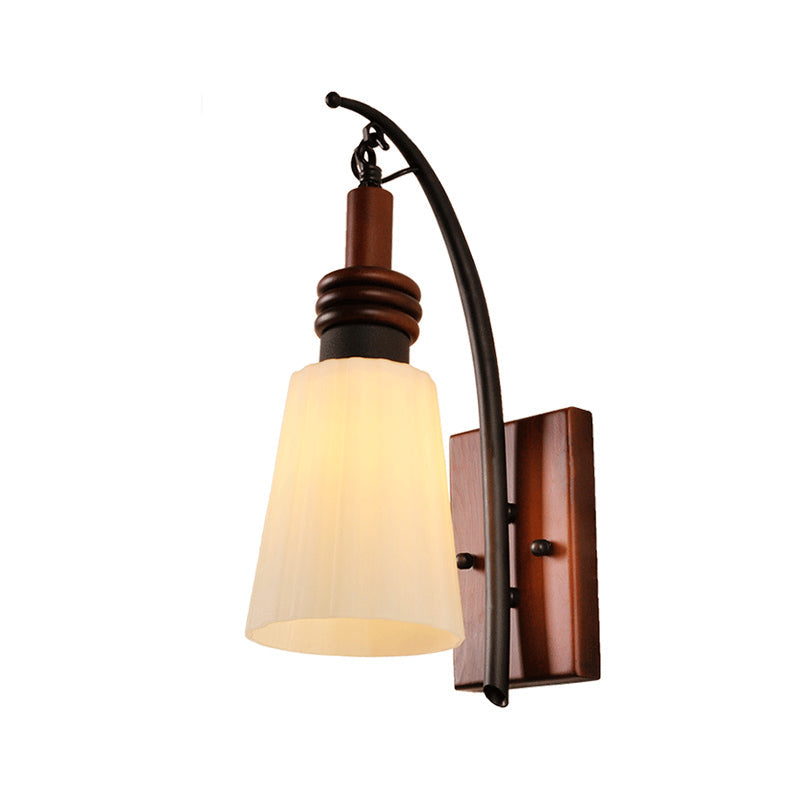 Skørter | Modern Cone Wall Light Opal Glass and Wood 1 Head Bedroom Wall Mounted Lamp in Reddish Brown