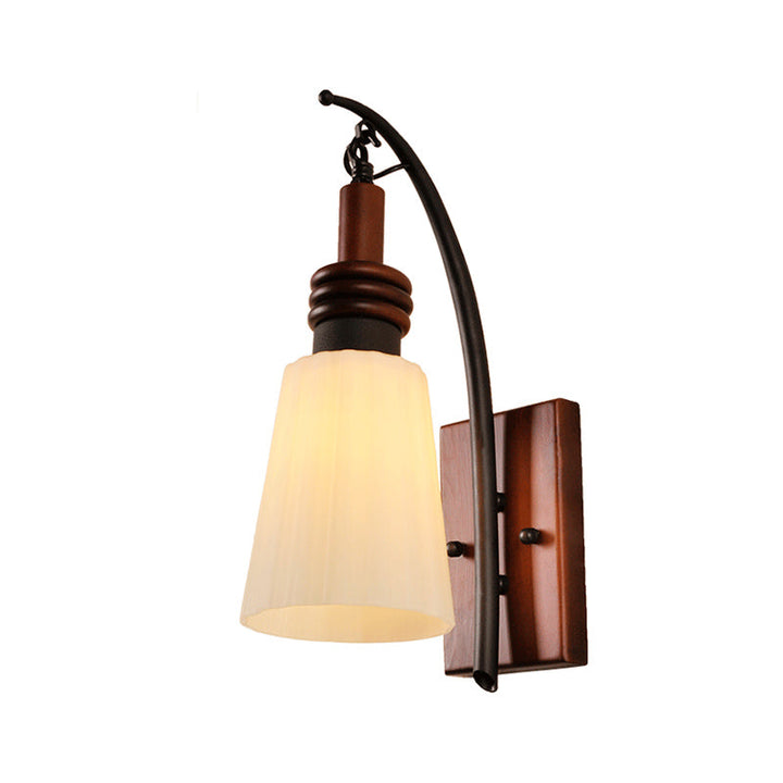 Skørter | Modern Cone Wall Light Opal Glass and Wood 1 Head Bedroom Wall Mounted Lamp in Reddish Brown