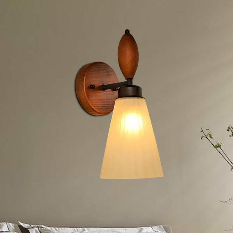 Skørter | Frosted Glass Conical Wall Lamp Modern Stylish 1 Light Red Brown Sconce Light with Wooden Backplate