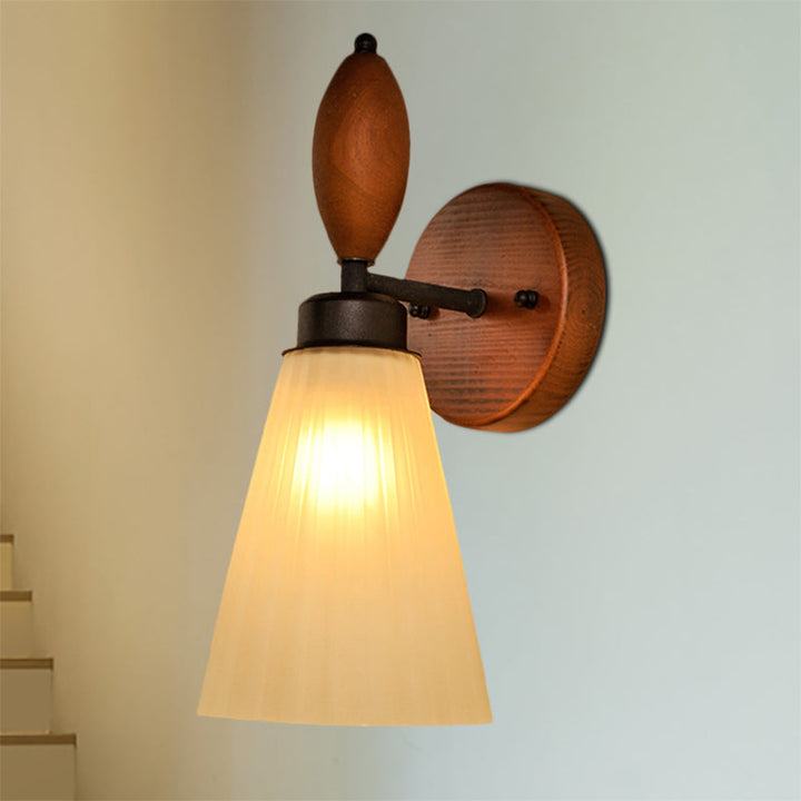 Skørter | Frosted Glass Conical Wall Lamp Modern Stylish 1 Light Red Brown Sconce Light with Wooden Backplate