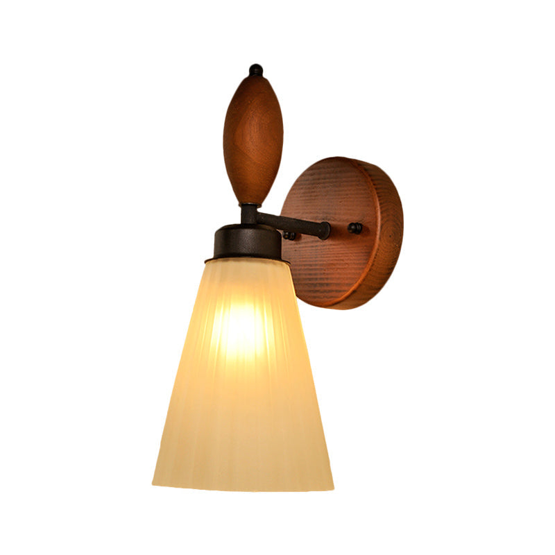Skørter | Frosted Glass Conical Wall Lamp Modern Stylish 1 Light Red Brown Sconce Light with Wooden Backplate