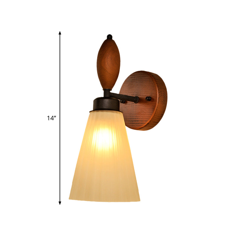 Skørter | Frosted Glass Conical Wall Lamp Modern Stylish 1 Light Red Brown Sconce Light with Wooden Backplate