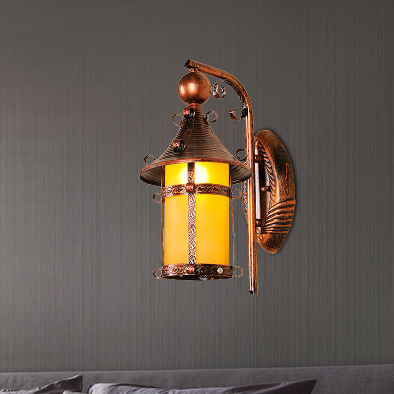 Skørter | House Hall Wall Light Fixture Yellow Glass 1 Light Vintage Wall-mounted Light with Curved Arm in Weathered Copper