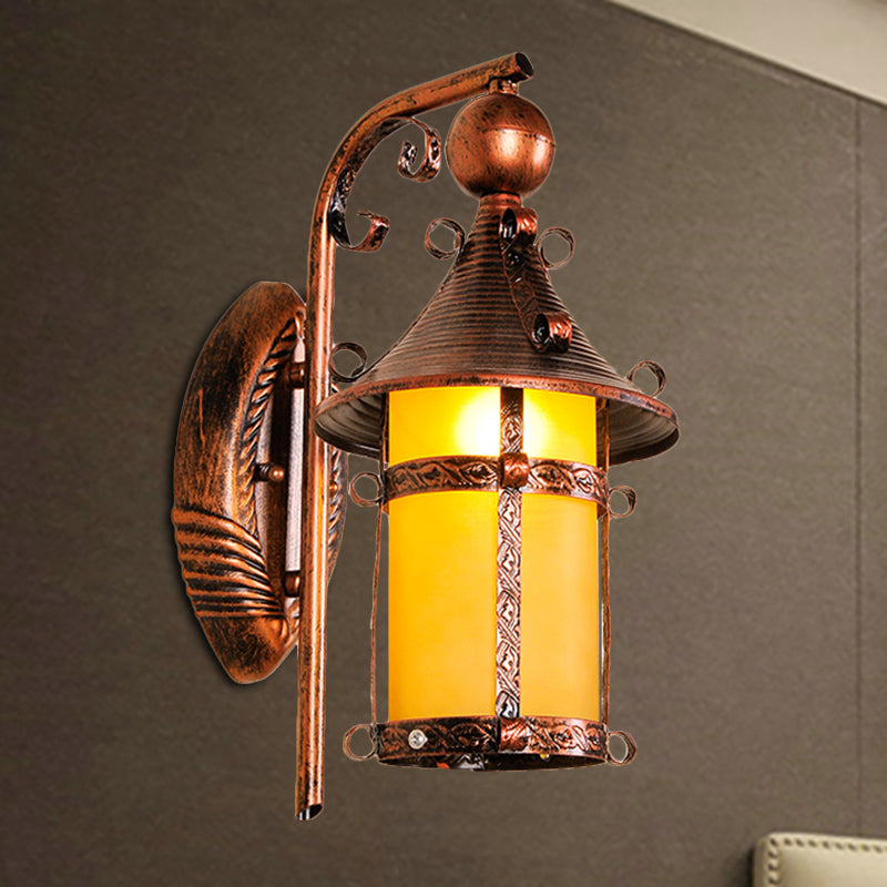 Skørter | House Hall Wall Light Fixture Yellow Glass 1 Light Vintage Wall-mounted Light with Curved Arm in Weathered Copper