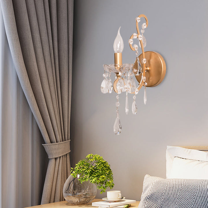 Skørter | Candle Style Metal Wall Light Rustic 1 Light Living Room Wall Lighting Fixture in Silver/Gold with Crystal Drops