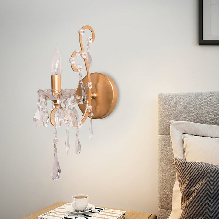 Skørter | Candle Style Metal Wall Light Rustic 1 Light Living Room Wall Lighting Fixture in Silver/Gold with Crystal Drops