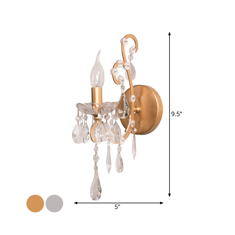 Skørter | Candle Style Metal Wall Light Rustic 1 Light Living Room Wall Lighting Fixture in Silver/Gold with Crystal Drops