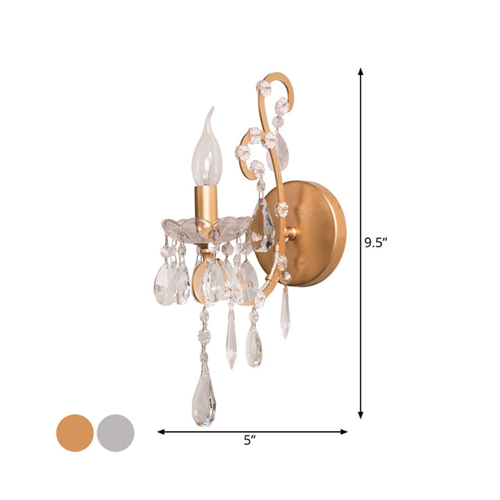 Skørter | Candle Style Metal Wall Light Rustic 1 Light Living Room Wall Lighting Fixture in Silver/Gold with Crystal Drops