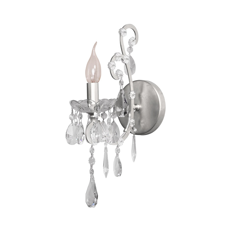 Skørter | Candle Style Metal Wall Light Rustic 1 Light Living Room Wall Lighting Fixture in Silver/Gold with Crystal Drops