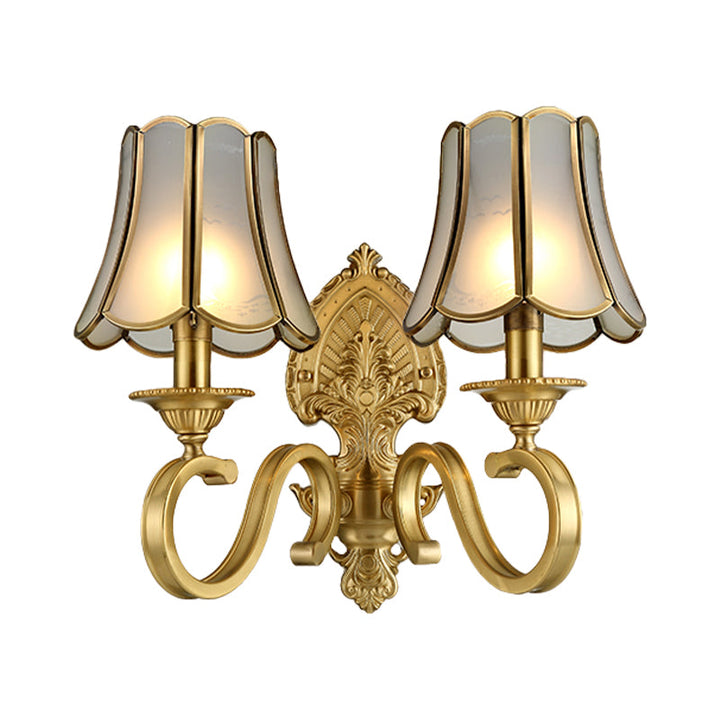 Skørter | Golden 1/2 heads wall lamp retro metal curved arm wall lighting with flared faceted glass shade