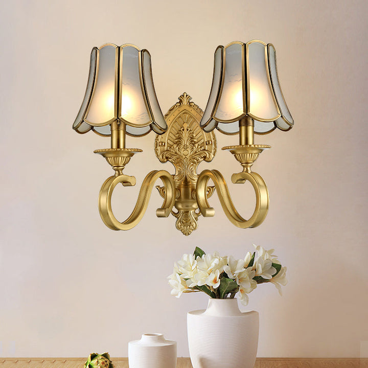 Skørter | Flare Frosted Glass Wall Lamp Traditional 1/2 Lights White Wall Mounted Lamp with Curved Gold Arm