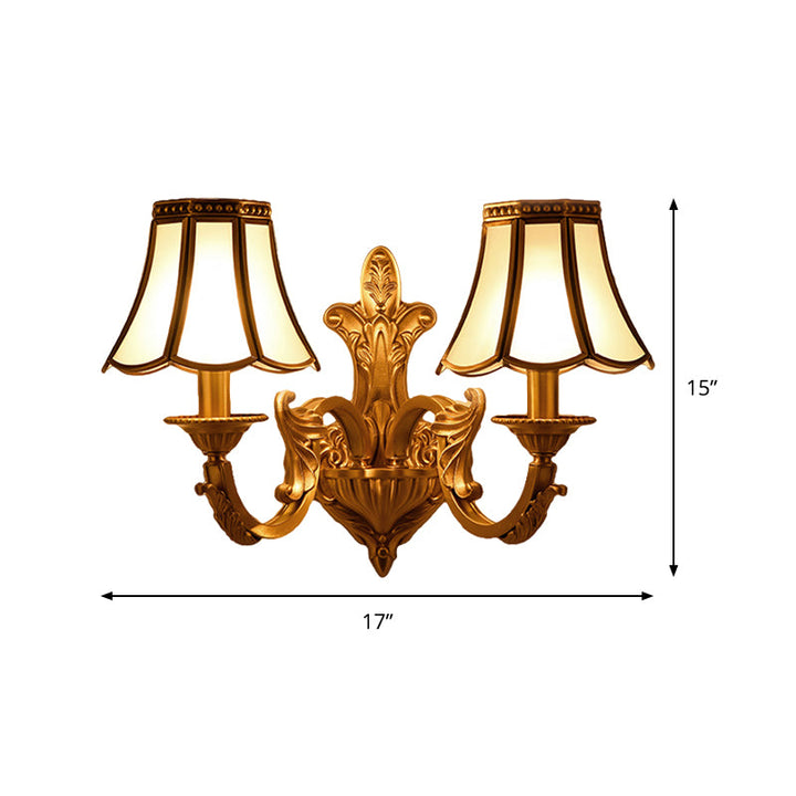 Skørter | Flare Frosted Glass Wall Lamp Traditional 1/2 Lights White Wall Mounted Lamp with Curved Gold Arm