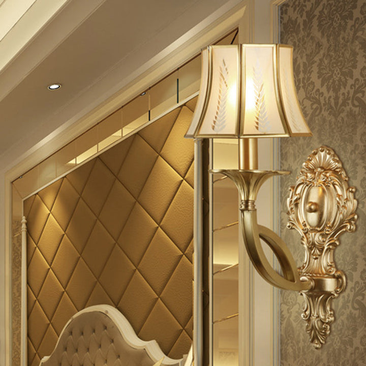 Skørter | Swooping Arm Wall-Mounted Lamp Vintage Metal 1/2-Head Gold Wall Light with Printed Opaque Glass Shade