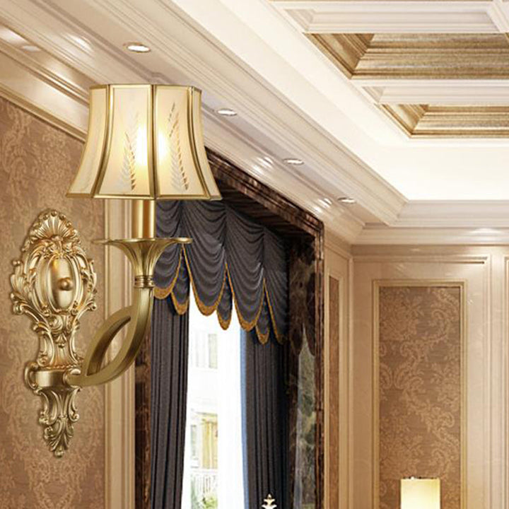 Skørter | Swooping Arm Wall-Mounted Lamp Vintage Metal 1/2-Head Gold Wall Light with Printed Opaque Glass Shade
