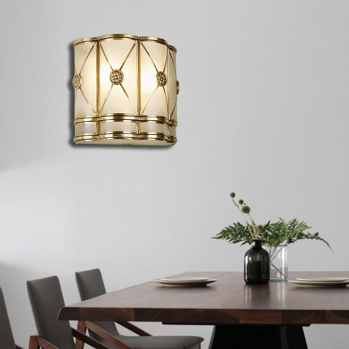 Skørter | Gold N tapered/cylindrical wall lamp 7.5"/10" H Vintage frosted glass 1 lamp flush sconce light