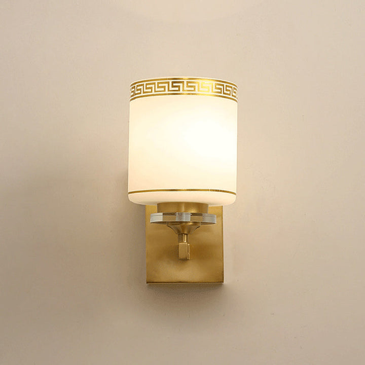 Skørter | Single Cylinder Wall Lamp Traditional Opal Frosted Glass Wall Light in Gold with Swastika Element