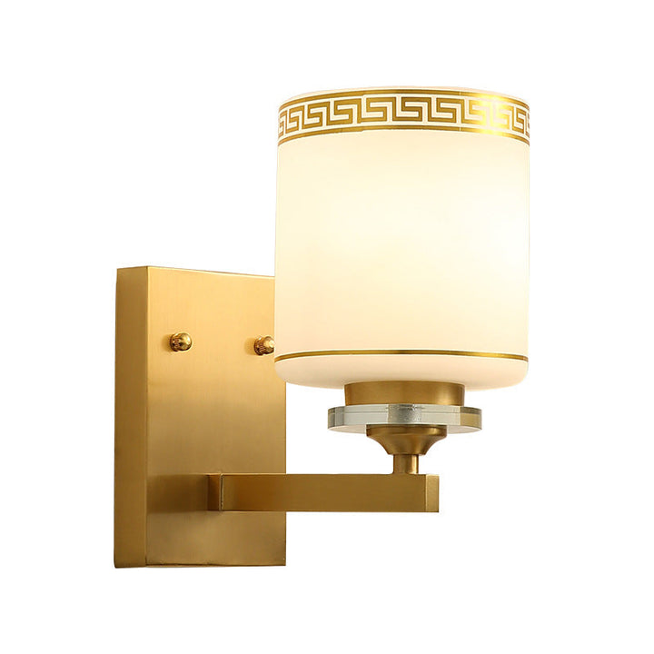 Skørter | Single Cylinder Wall Lamp Traditional Opal Frosted Glass Wall Light in Gold with Swastika Element