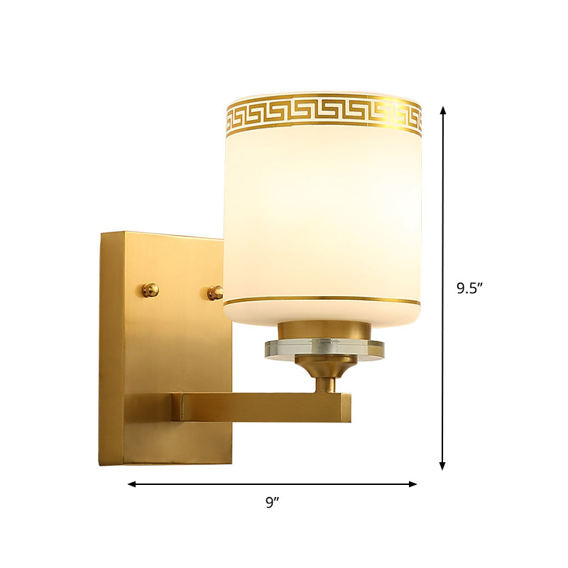 Skørter | Single Cylinder Wall Lamp Traditional Opal Frosted Glass Wall Light in Gold with Swastika Element