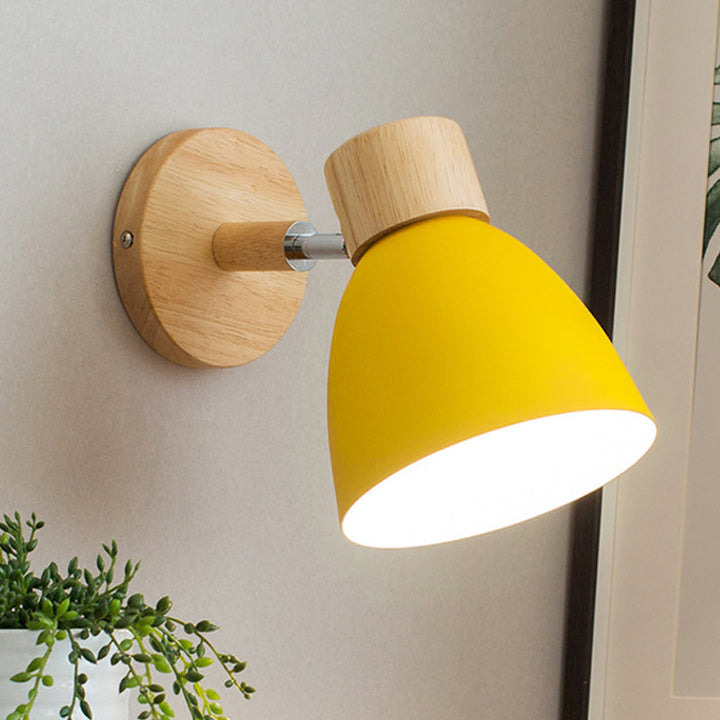 Skørter | Metal Flare Wall Lighting Modern 1 Head Wall Lamp Fixture in Yellow with Circle Wooden Backplate