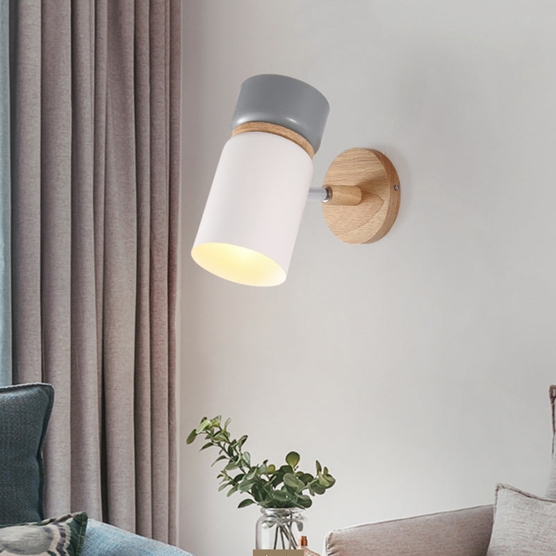 Skørter | 1 Bulb Cylindrical Wall Light Modern Metal Wall Mounted Lighting in Gray/White with Round Wooden Backplate