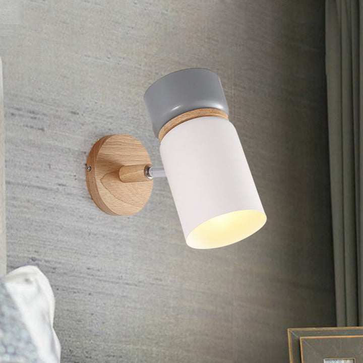 Skørter | 1 Bulb Cylindrical Wall Light Modern Metal Wall Mounted Lighting in Gray/White with Round Wooden Backplate
