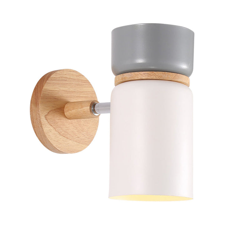 Skørter | 1 Bulb Cylindrical Wall Light Modern Metal Wall Mounted Lighting in Gray/White with Round Wooden Backplate