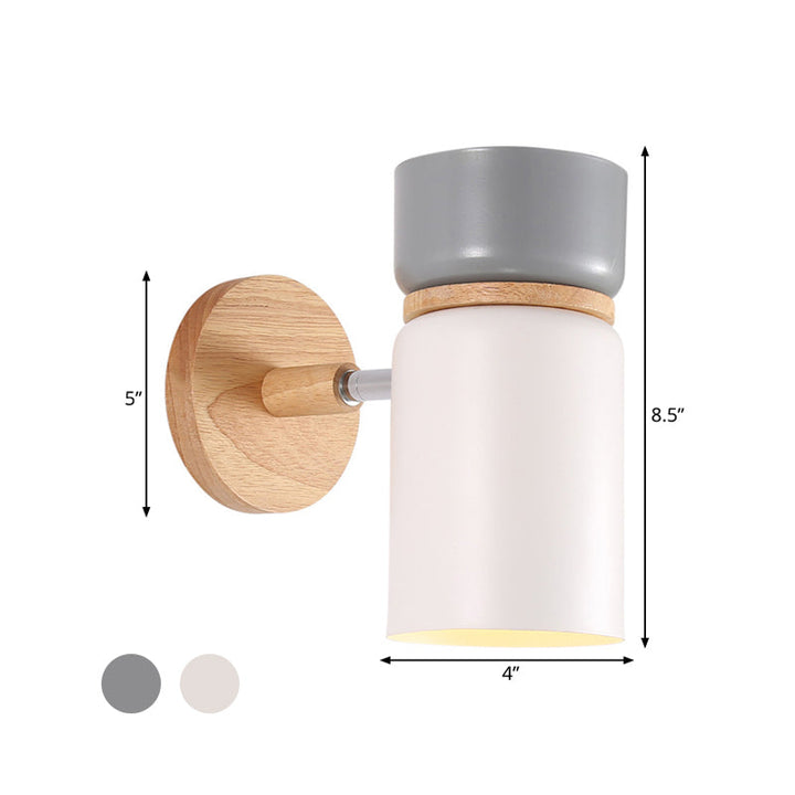Skørter | 1 Bulb Cylindrical Wall Light Modern Metal Wall Mounted Lighting in Gray/White with Round Wooden Backplate
