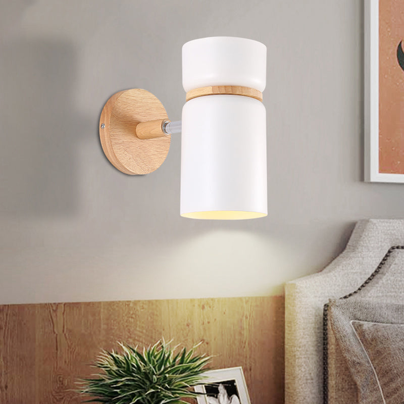 Skørter | 1 Bulb Cylindrical Wall Light Modern Metal Wall Mounted Lighting in Gray/White with Round Wooden Backplate