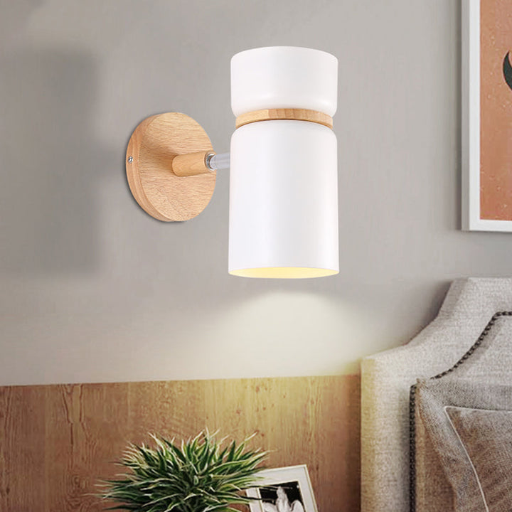 Skørter | 1 Bulb Cylindrical Wall Light Modern Metal Wall Mounted Lighting in Gray/White with Round Wooden Backplate