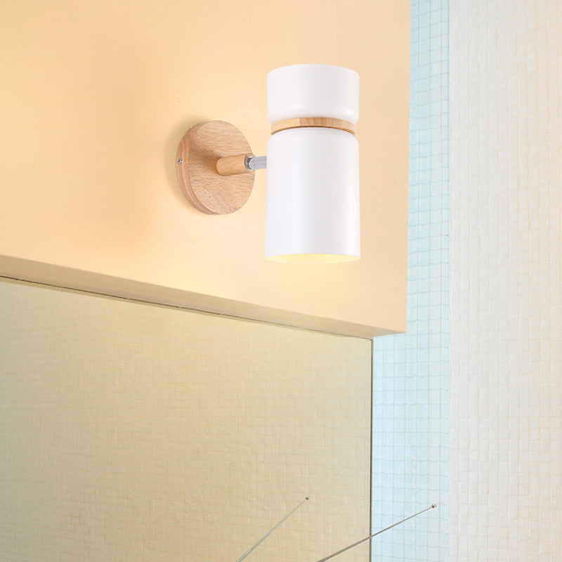Skørter | 1 Bulb Cylindrical Wall Light Modern Metal Wall Mounted Lighting in Gray/White with Round Wooden Backplate