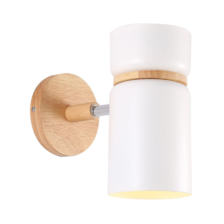 Skørter | 1 Bulb Cylindrical Wall Light Modern Metal Wall Mounted Lighting in Gray/White with Round Wooden Backplate