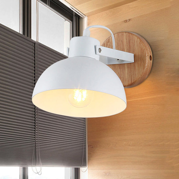 Skørter | 1 Head Bowl Wall Lamp Modern Metal Wall Light in White with Round Wooden Backplate