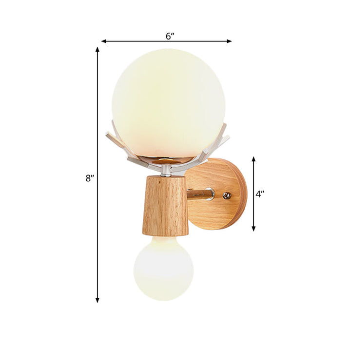 Skørter | 2 Heads Nightstand Wall Lighting Modernist Wood Wall Lamp with Ball White Glass Shade
