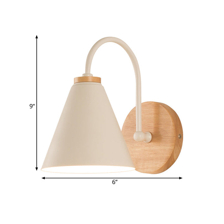 Skørter | 1 Head Cone Wall Lighting Modern Metal Wall Lamp in White with Circle Wood Back Plate