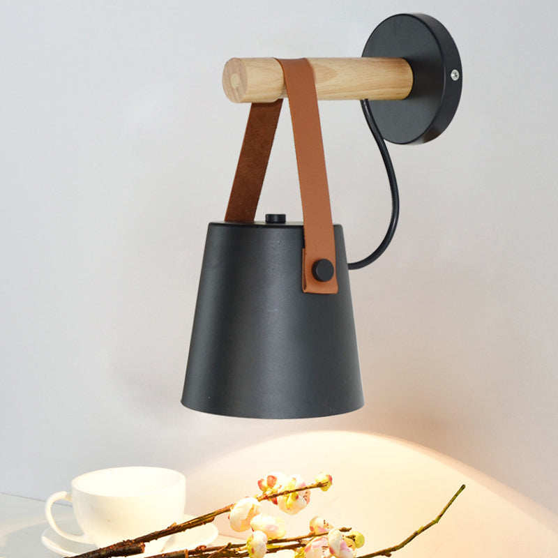 Skørter | Metal Cone Wall Lamp Modernist 1 Head White/Black Wall Lighting With Wooden Arm