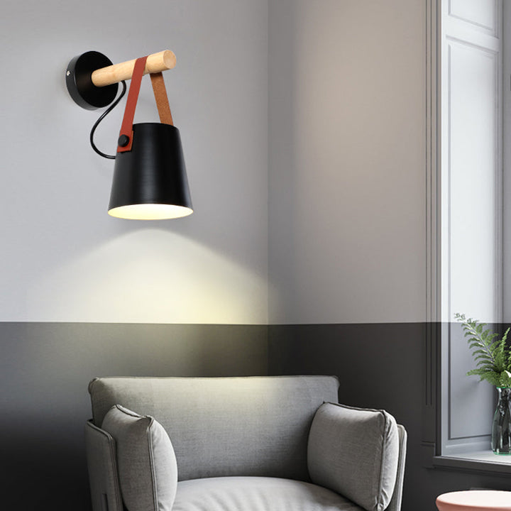 Skørter | Metal Cone Wall Lamp Modernist 1 Head White/Black Wall Lighting With Wooden Arm