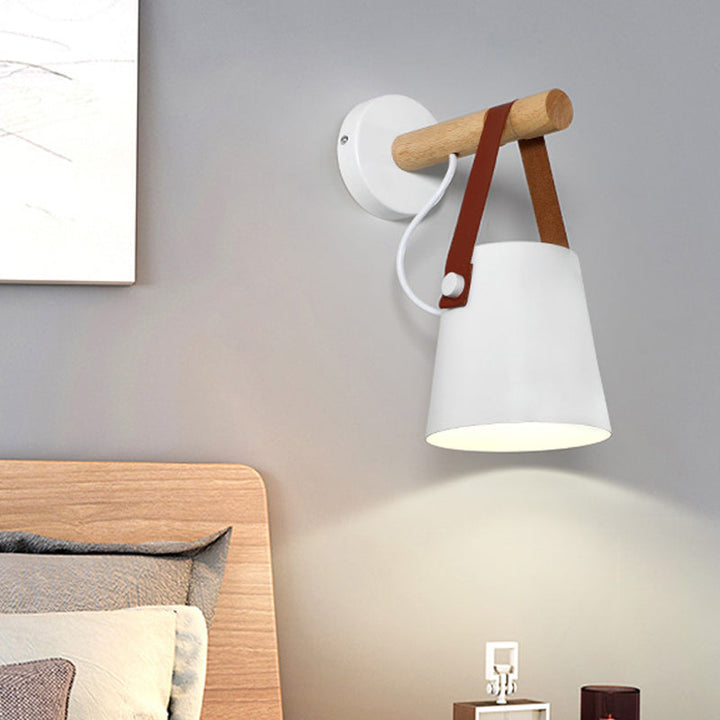 Skørter | Metal Cone Wall Lamp Modernist 1 Head White/Black Wall Lighting With Wooden Arm