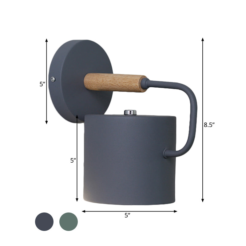 Skørter | Cylinder Metal Wall Light Modernism 1 Bulb Gray/Green Wall Mounted Lamp with Curved Arm