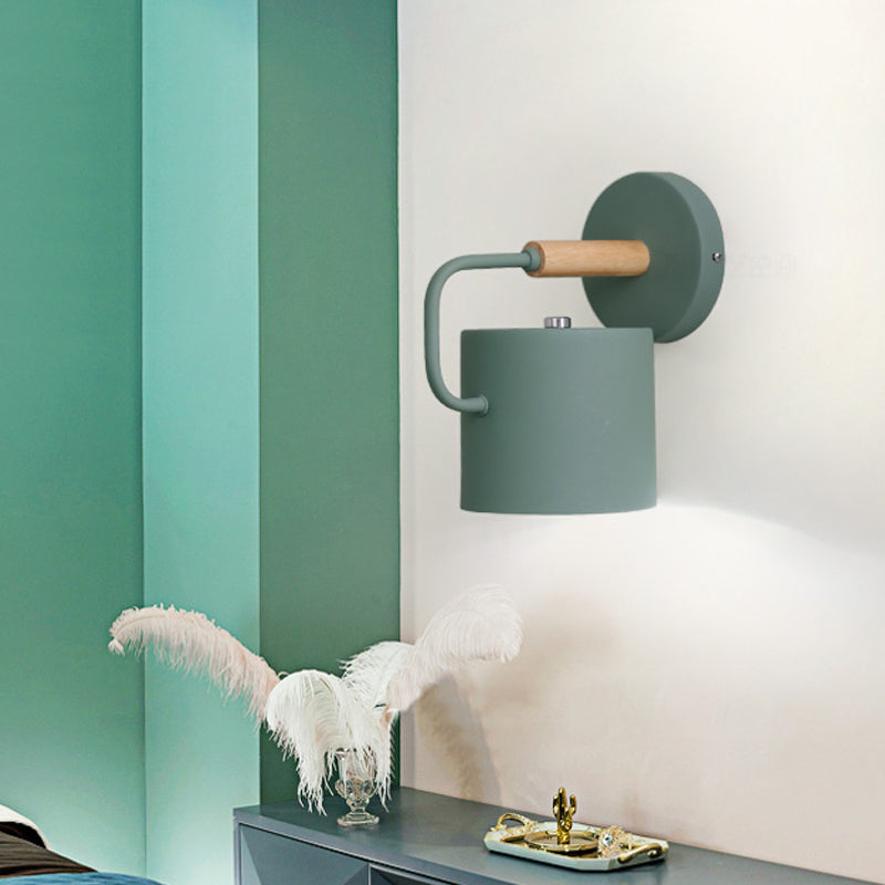 Skørter | Cylinder Metal Wall Light Modernism 1 Bulb Gray/Green Wall Mounted Lamp with Curved Arm