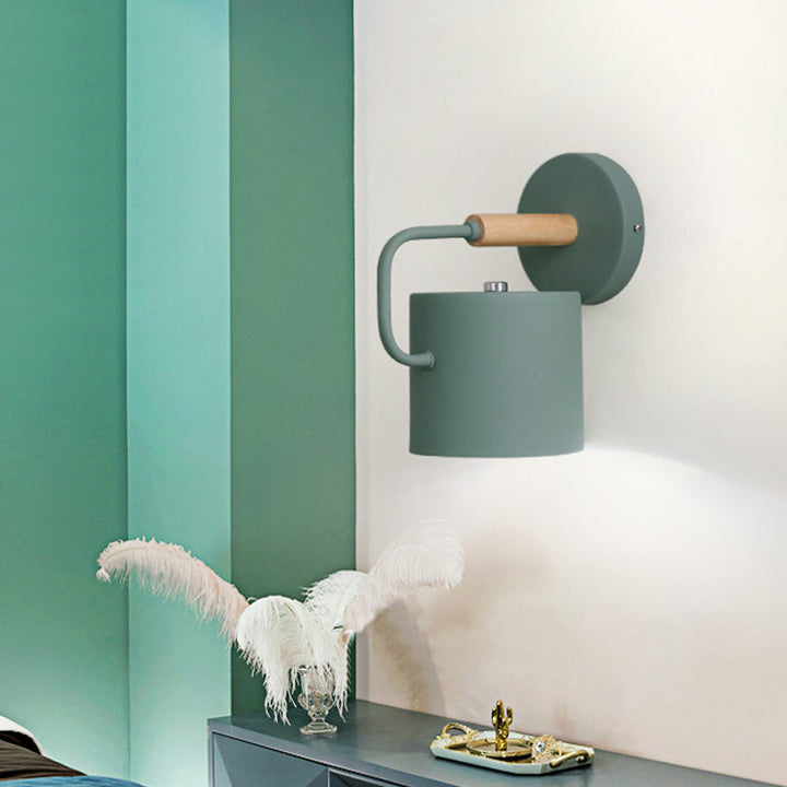 Skørter | Cylinder Metal Wall Light Modernism 1 Bulb Gray/Green Wall Mounted Lamp with Curved Arm