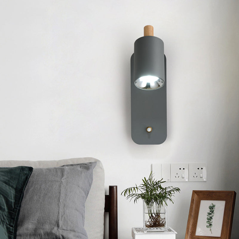 Skørter | Cylindrical Wall Lighting Minimalist Metal 1 Head White/Grey Wall Light with Wood Cap