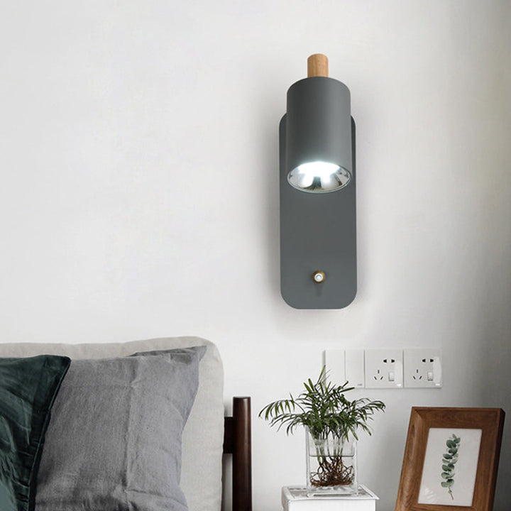Skørter | Cylindrical Wall Lighting Minimalist Metal 1 Head White/Grey Wall Light with Wood Cap