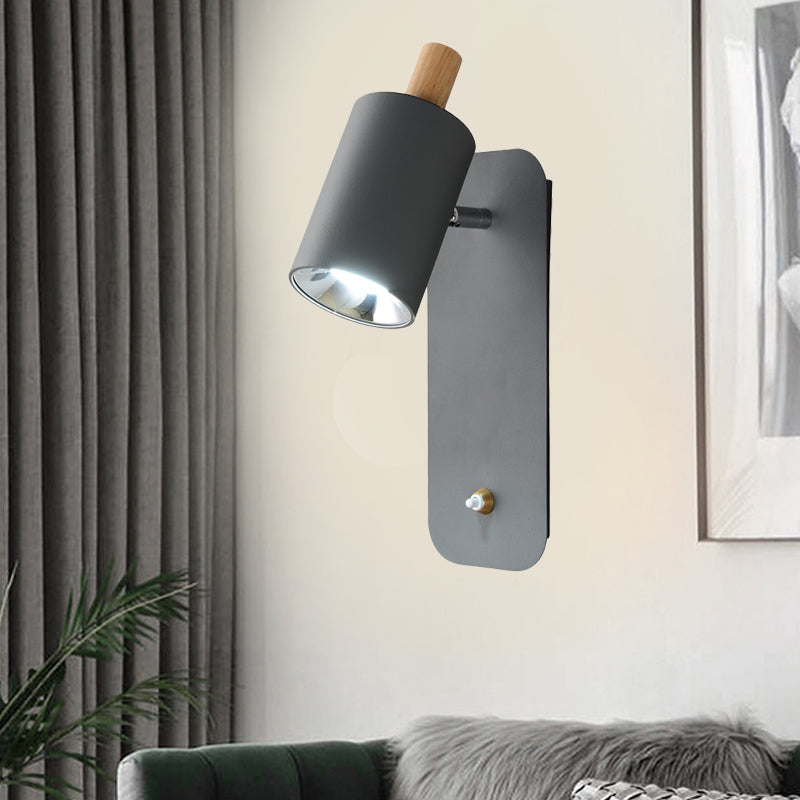 Skørter | Cylindrical Wall Lighting Minimalist Metal 1 Head White/Grey Wall Light with Wood Cap