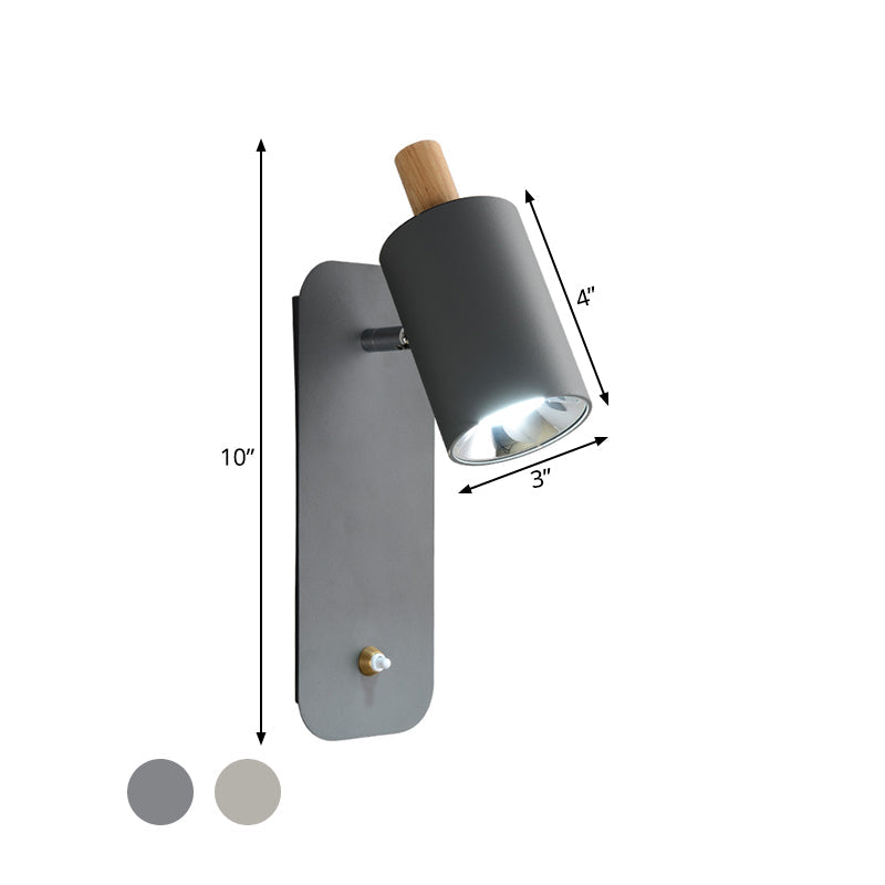Skørter | Cylindrical Wall Lighting Minimalist Metal 1 Head White/Grey Wall Light with Wood Cap