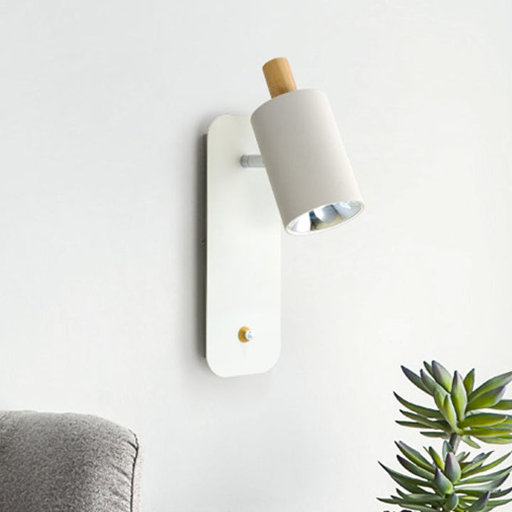 Skørter | Cylindrical Wall Lighting Minimalist Metal 1 Head White/Grey Wall Light with Wood Cap