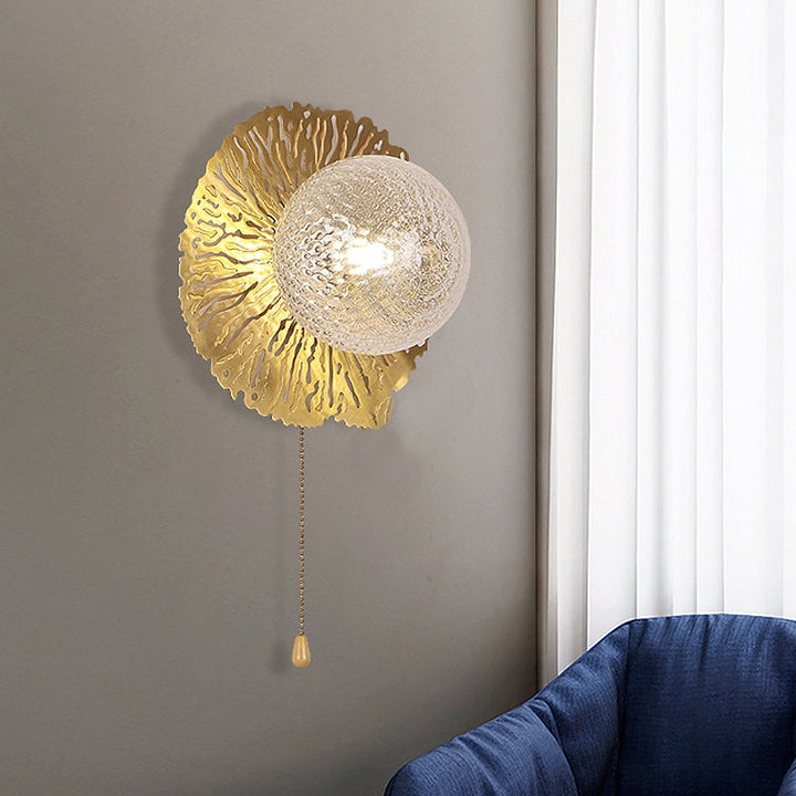 Lisslune | Gold Sphere Metal Wall Lighting Modernistic 1 Bulb Dimple Glass LED Wall Mount Light Fixture