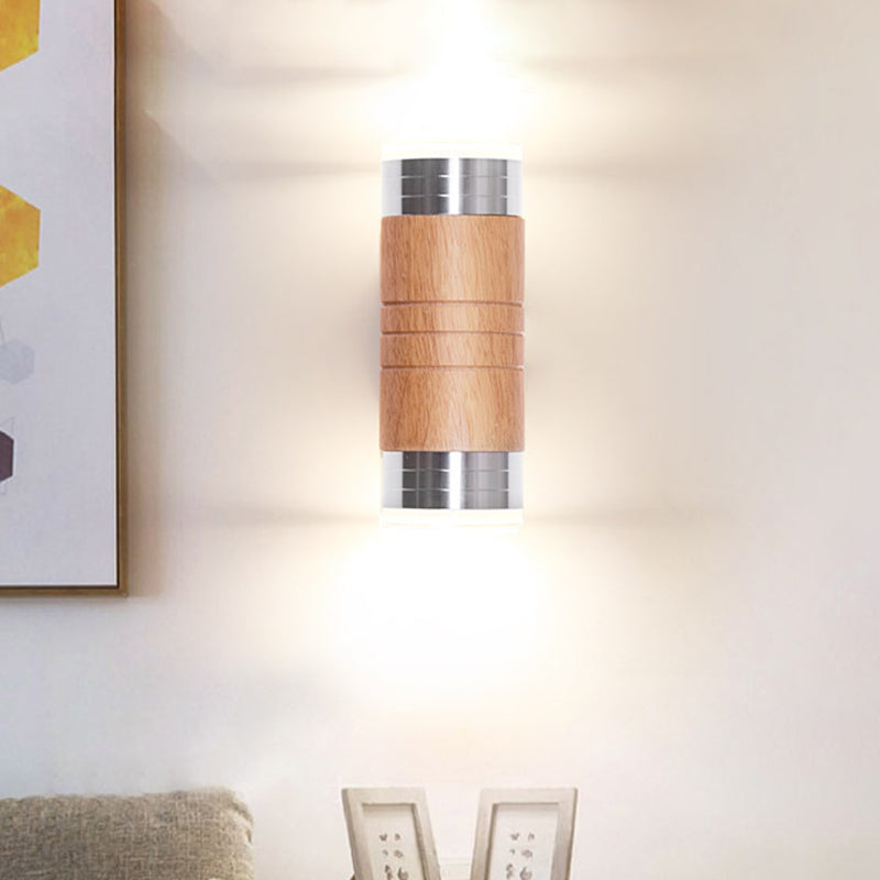 Skørter | Cylinder Wood Wall Sconce Light Asian 1 Lamp Chrome LED Wall Lighting for Living Room