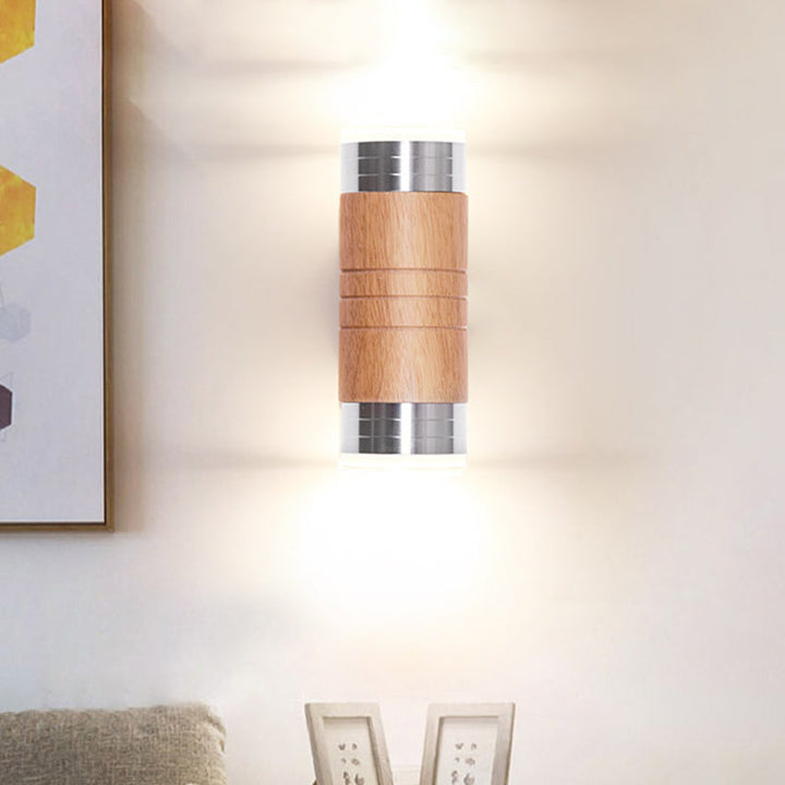 Skørter | Cylinder Wood Wall Sconce Light Asian 1 Lamp Chrome LED Wall Lighting for Living Room