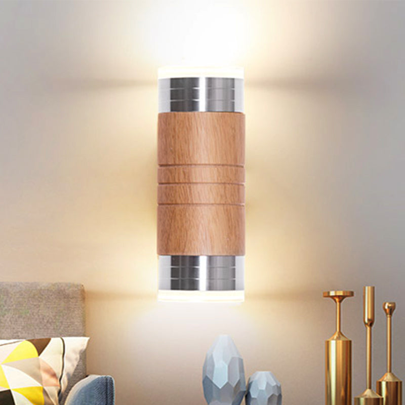 Skørter | Cylinder Wood Wall Sconce Light Asian 1 Lamp Chrome LED Wall Lighting for Living Room