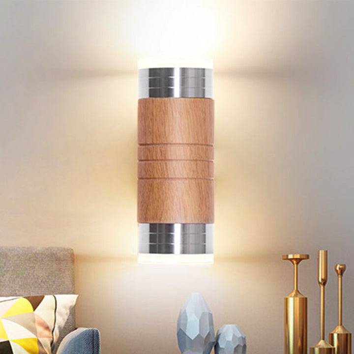 Skørter | Cylinder Wood Wall Sconce Light Asian 1 Lamp Chrome LED Wall Lighting for Living Room